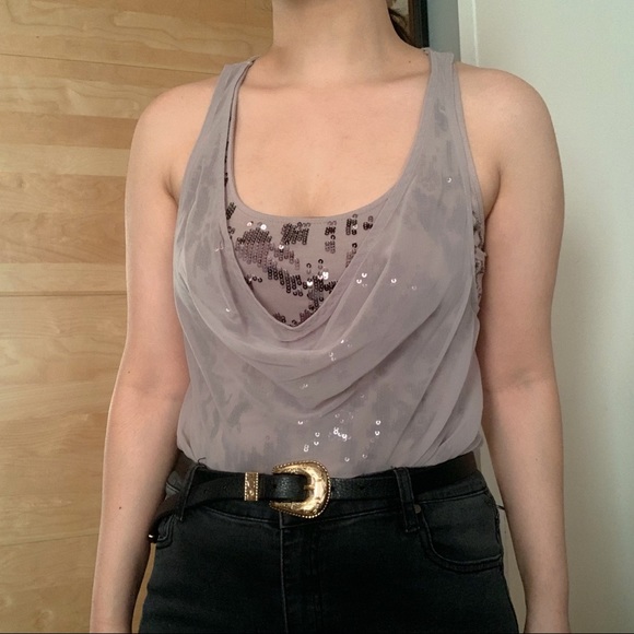 GUESS Sequin Cowl Neck Chiffon Embellished Blouse - Picture 3 of 12